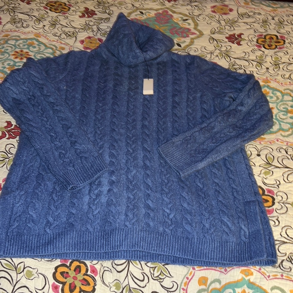 Talbots Petites Cable Turtle Neck Blue Sweater size PM NWT